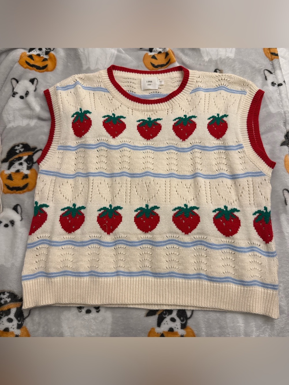 Cream Strawberry Knit Sleeveless Top with Red Trim